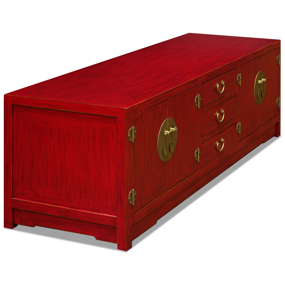 Distressed Red Elmwood Chinese Ming Media Cabinet