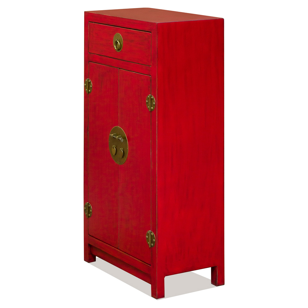 Slim Distressed Red Elmwood Chinese Ming Cabinet