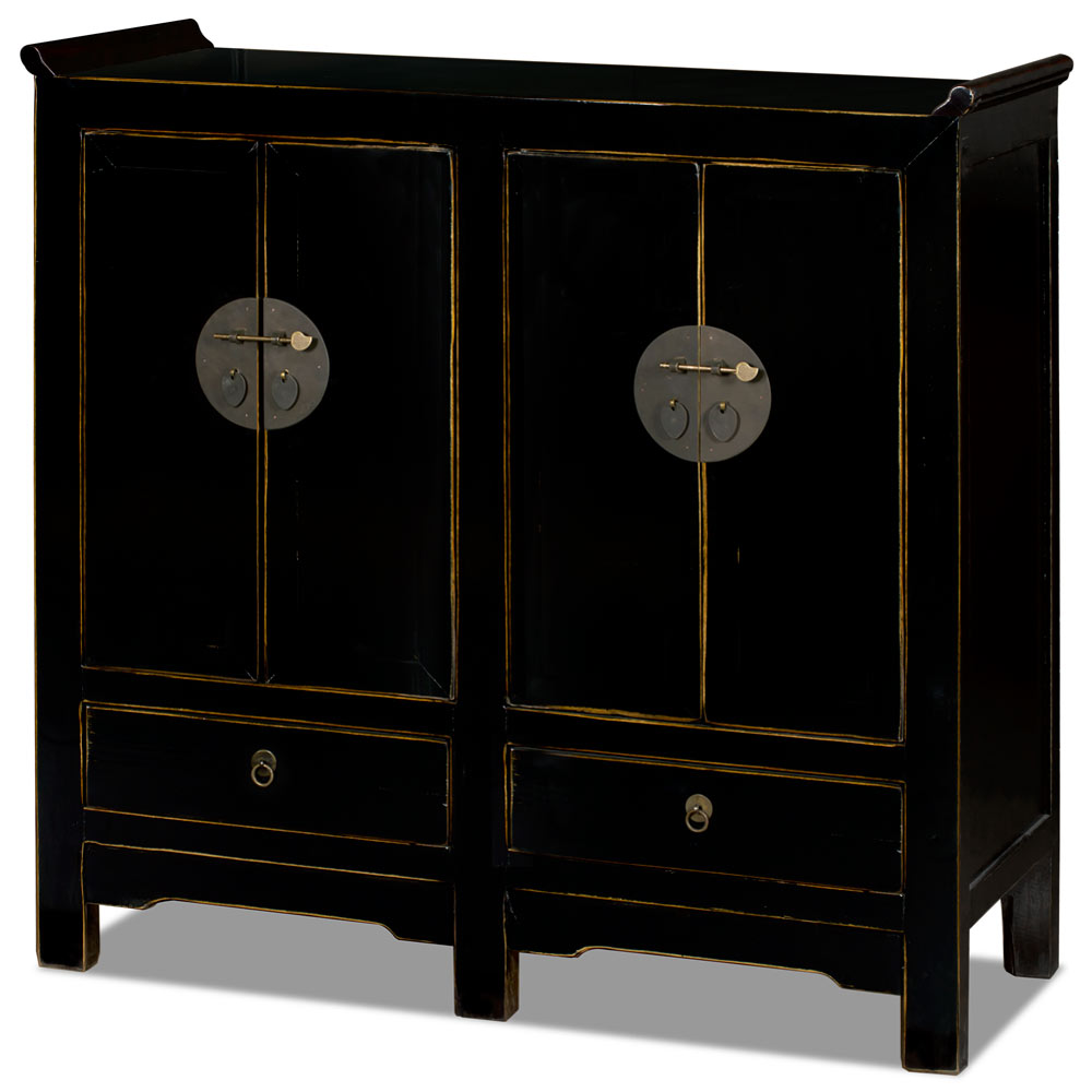 Distressed Black Elmwood Altar Style Ming Oriental Cabinet