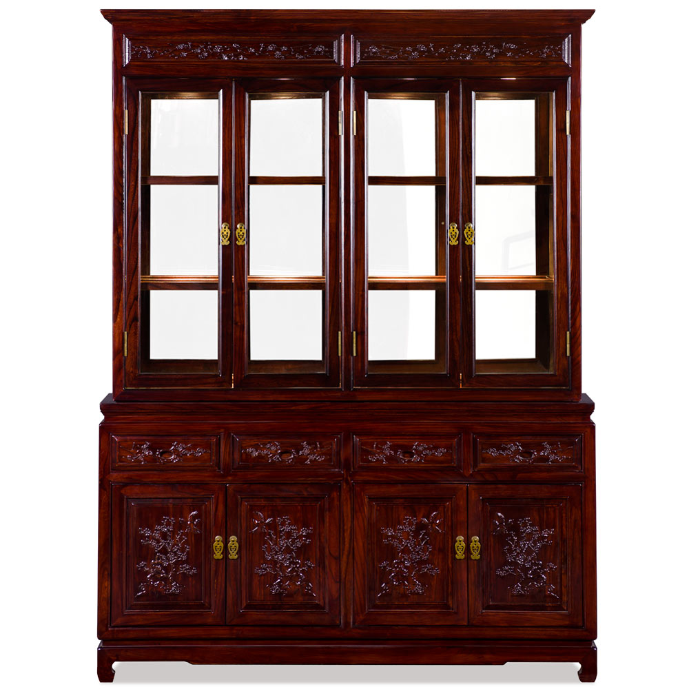 Dark Cherry Elmwood Bird and Flower Oriental China Cabinet