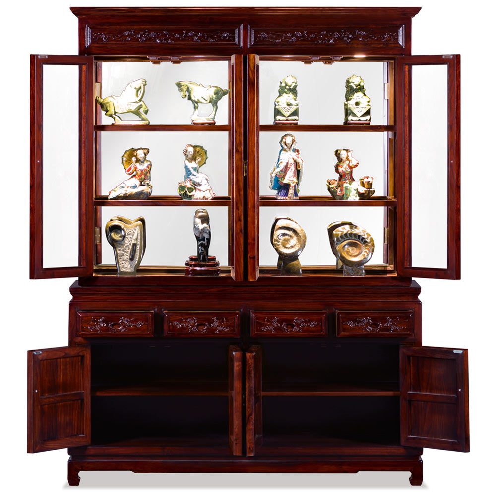 Dark Cherry Elmwood Bird and Flower Oriental China Cabinet