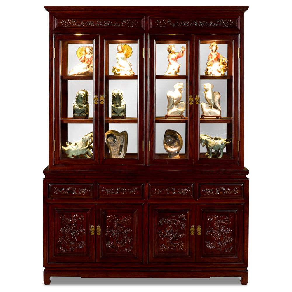 Dark Cherry Elmwood Dragon Oriental China Cabinet