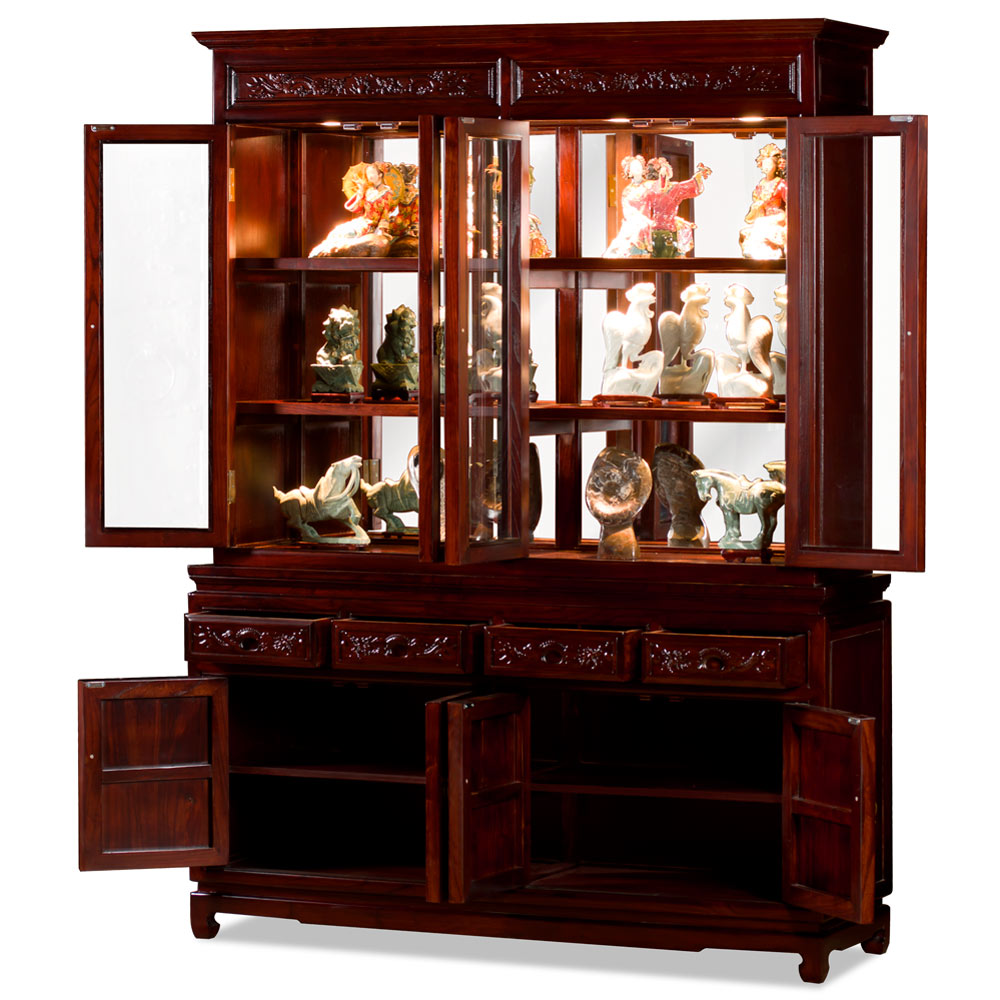 Dark Cherry Elmwood Dragon Oriental China Cabinet