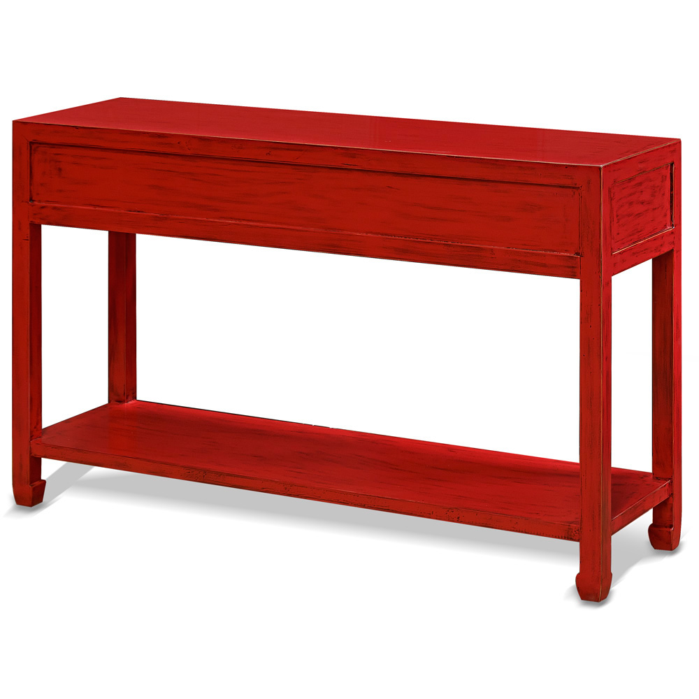 Distressed Red Elmwood Chinese Ming Console Table  with 3 Drawers and Shelf