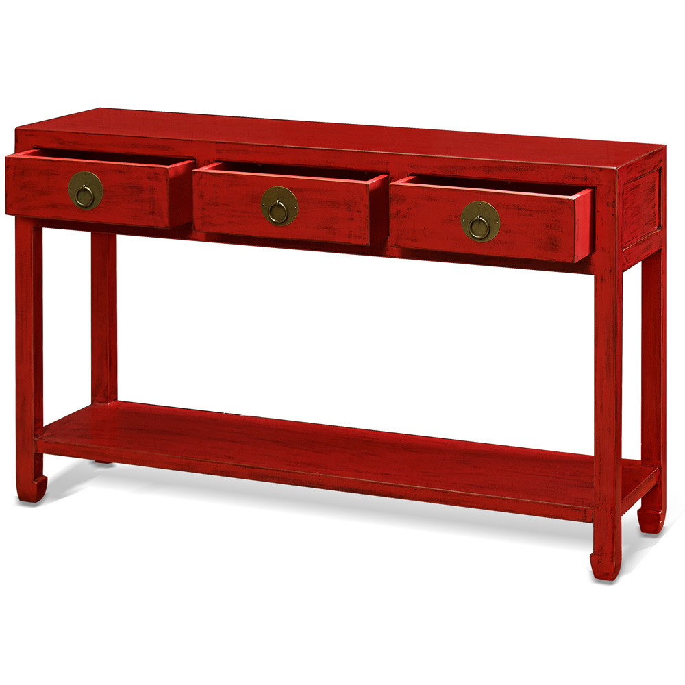 Distressed Red Elmwood Chinese Ming Console Table  with 3 Drawers and Shelf