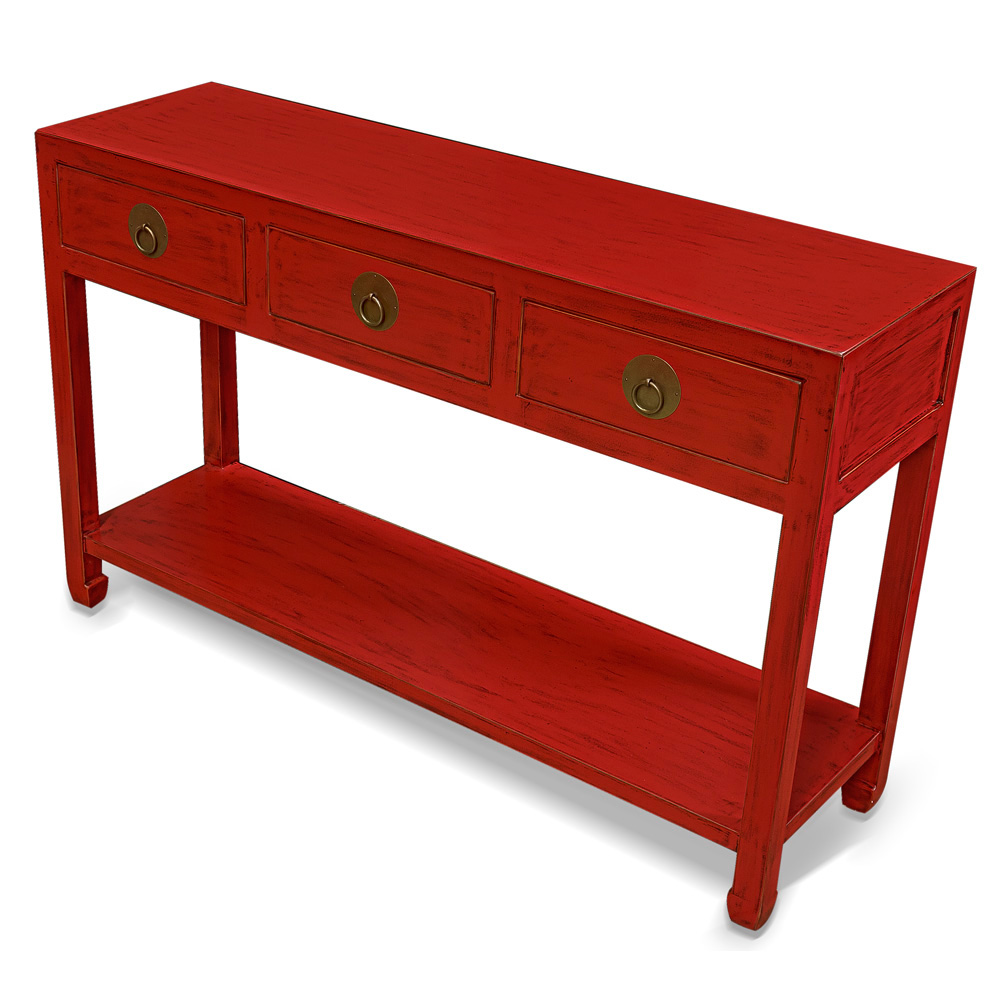 Distressed Red Elmwood Chinese Ming Console Table  with 3 Drawers and Shelf