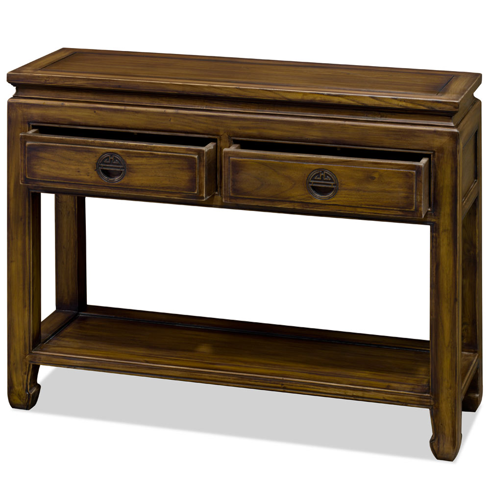 Distressed Mahogany Elmwood Chinese Longevity Console Table