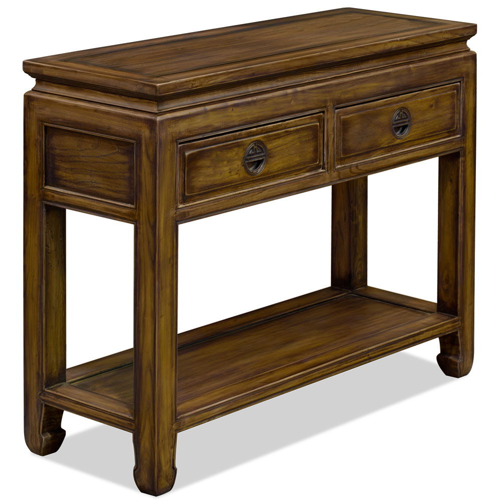 Distressed Mahogany Elmwood Chinese Longevity Console Table