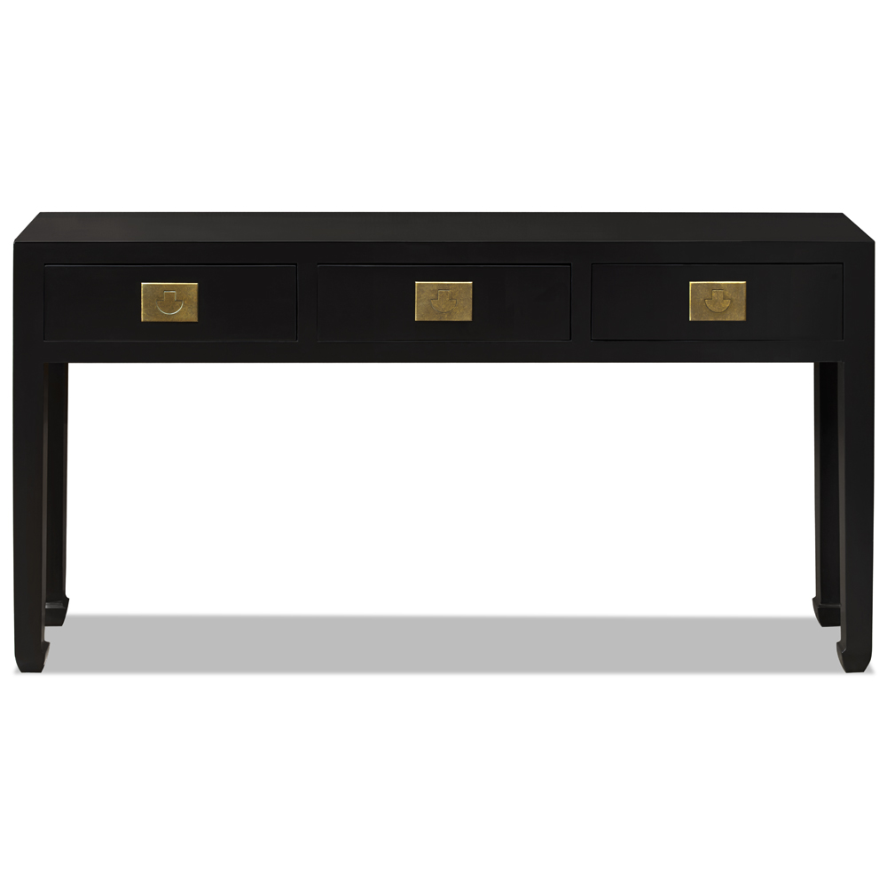 Matte Black Elmwood Chinese Ming Console Table with 3 Drawers