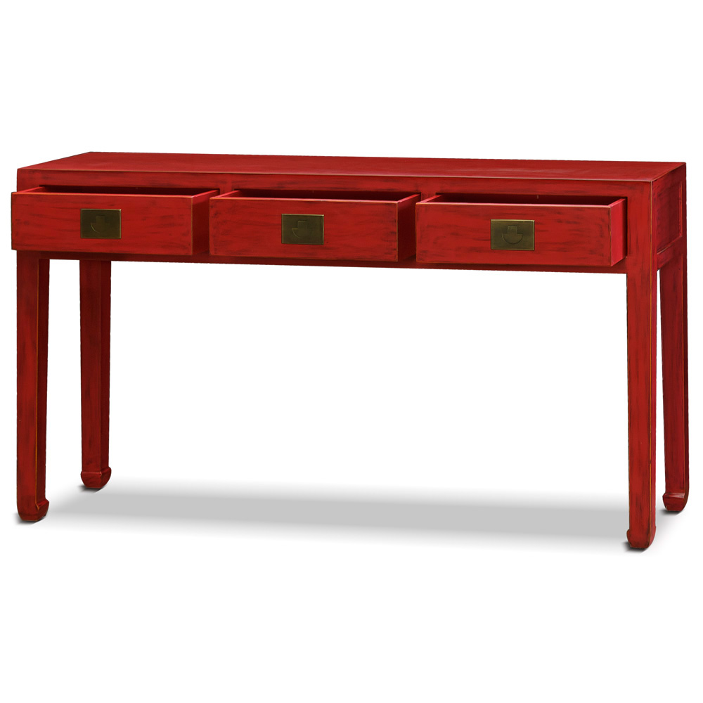 Distressed Red Elmwood Chinese Ming Console Table with 3 Drawers