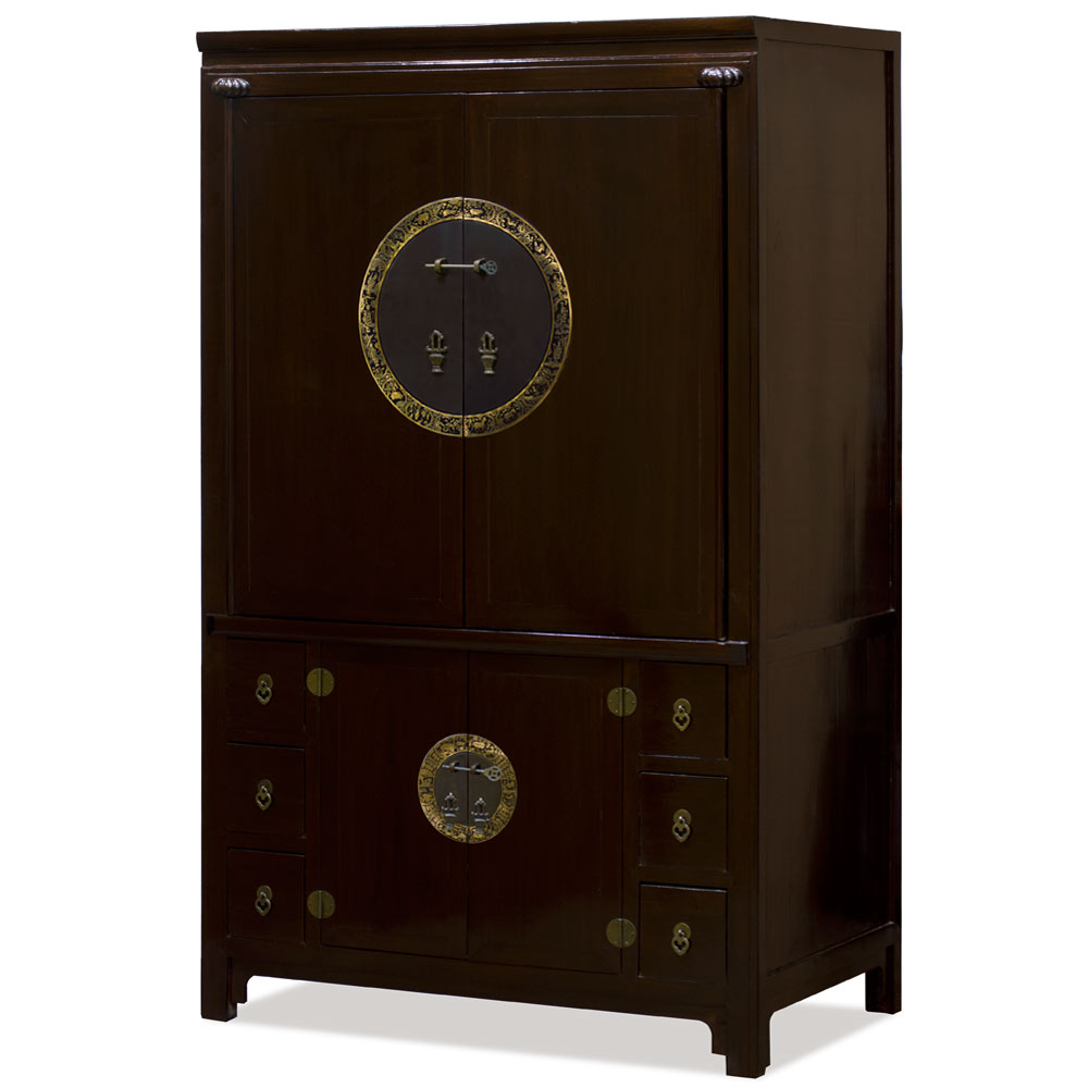 Dark Espresso Elmwood Ming Armoire With Chinese Zodiac Plates