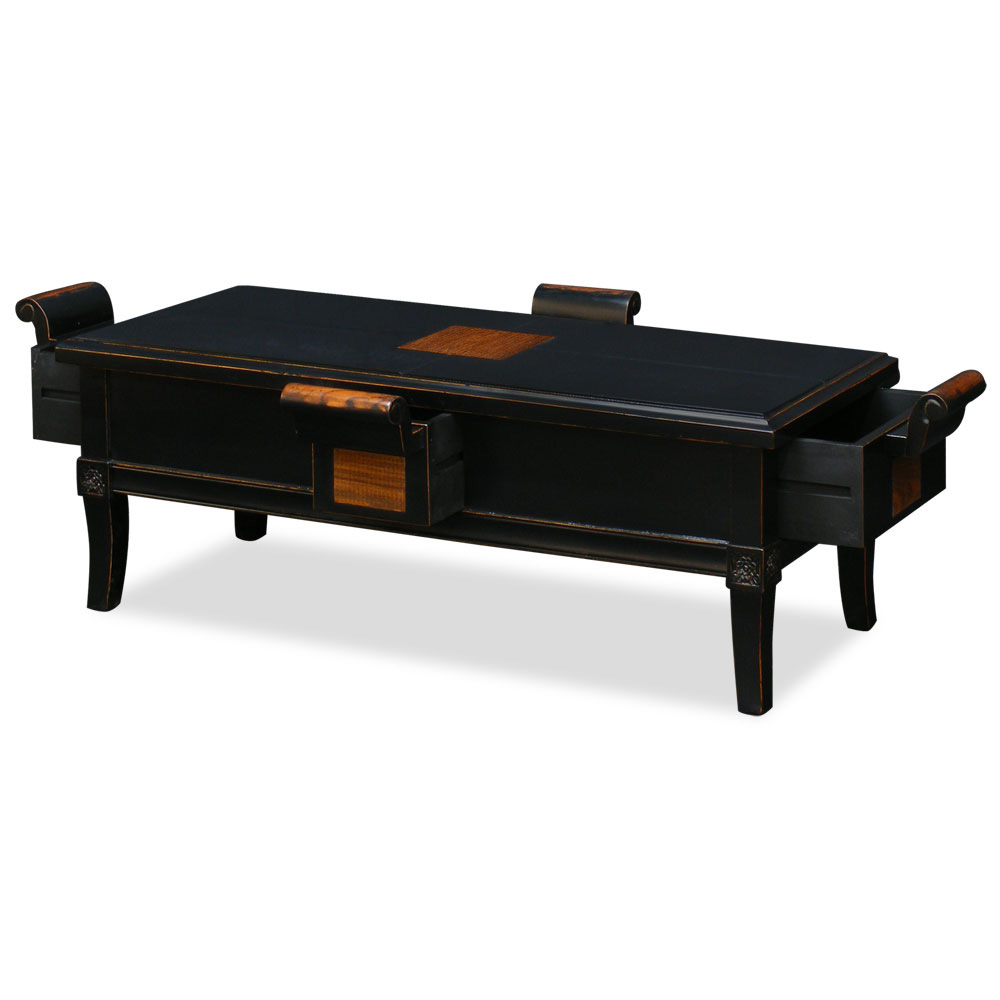 Distressed Black Elmwood Zhou Yi Rectangular Asian Coffee Table