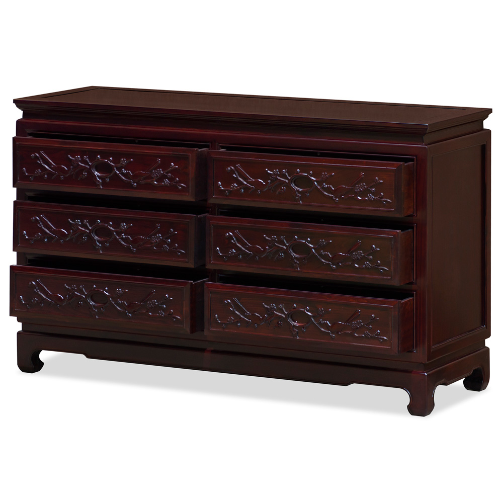 Dark Cherry Elmwood Flower and Bird Motif Oriental Chest of Drawers