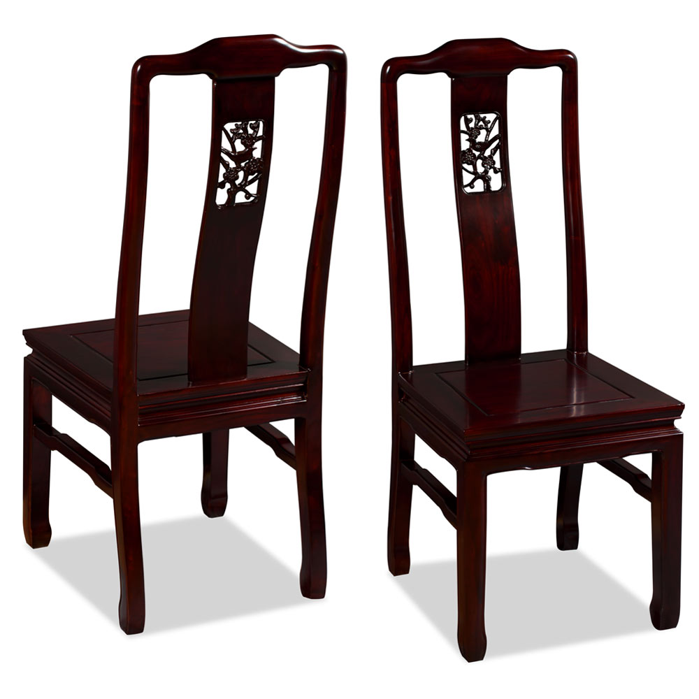 Dark Cherry Elmwood Flower and Bird Round Oriental Dining Set with 6 Chairs