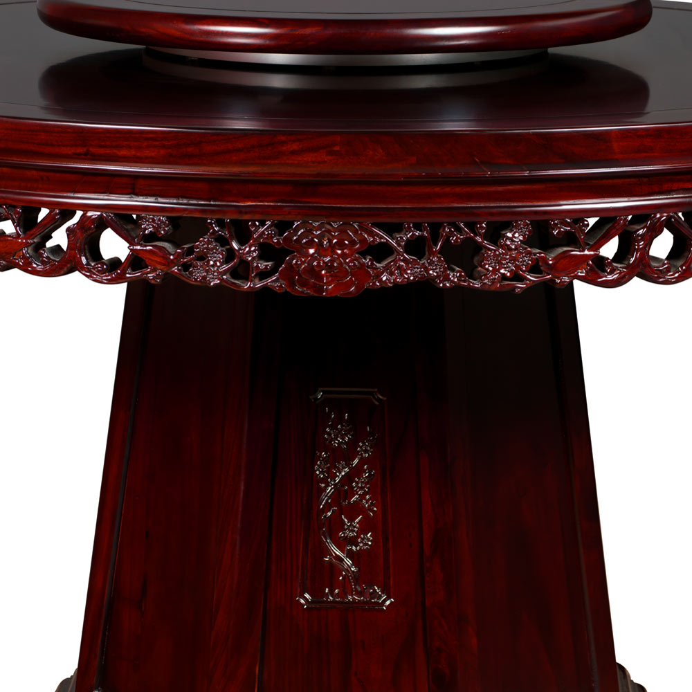 Dark Cherry Elmwood Flower and Bird Round Oriental Dining Set with 6 Chairs