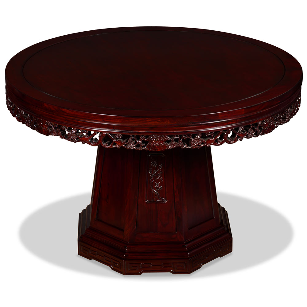 Dark Cherry Elmwood Flower and Bird Round Oriental Dining Set with 6 Chairs