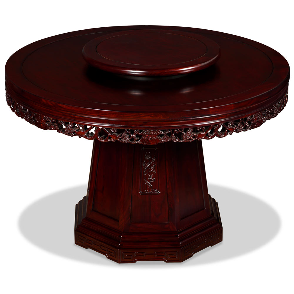 Dark Cherry Elmwood Flower and Bird Round Oriental Dining Set with 6 Chairs