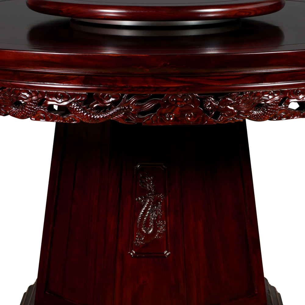 Dark Cherry Elmwood Dragon Motif Round Oriental Dining Set with 6 Chairs