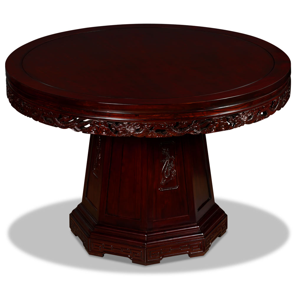 Dark Cherry Elmwood Dragon Motif Round Oriental Dining Set with 6 Chairs