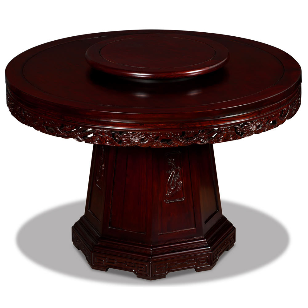 Dark Cherry Elmwood Dragon Motif Round Oriental Dining Set with 6 Chairs