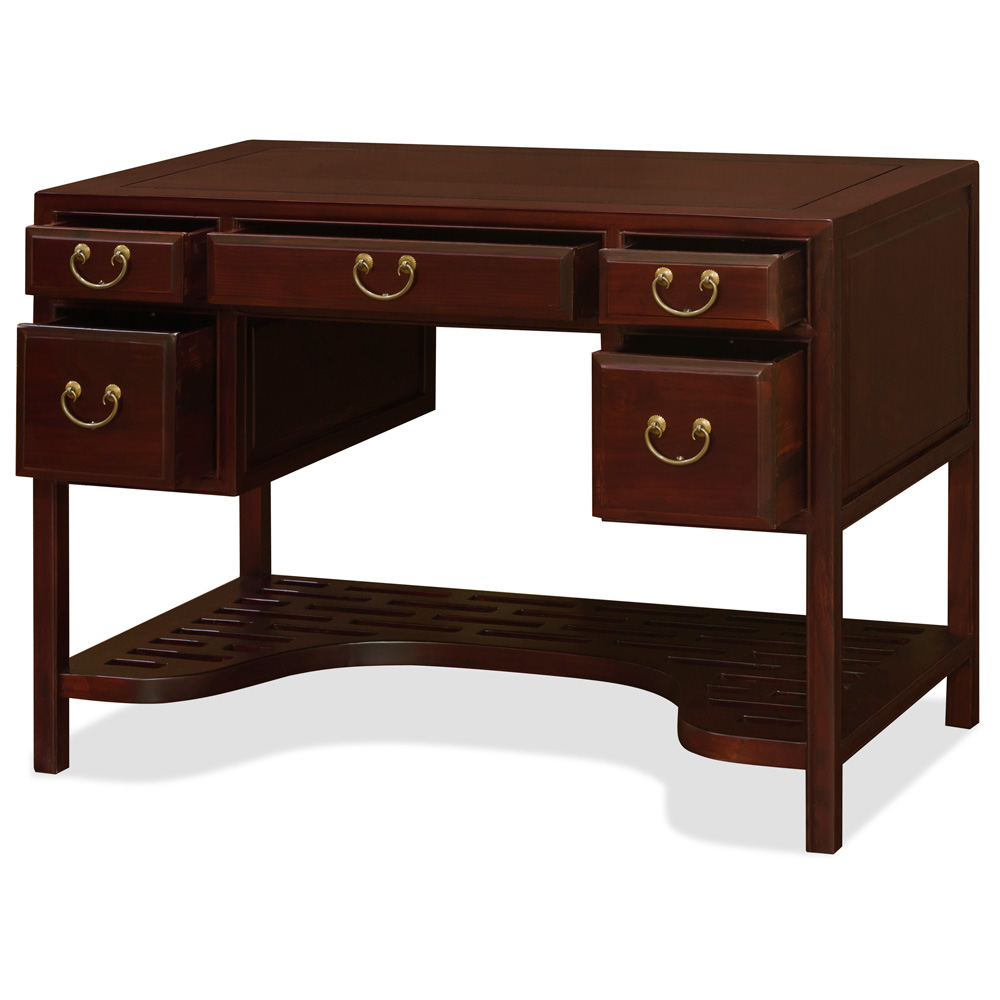 Dark Cherry Elmwood Chinese Ming Desk with 5 Drawers