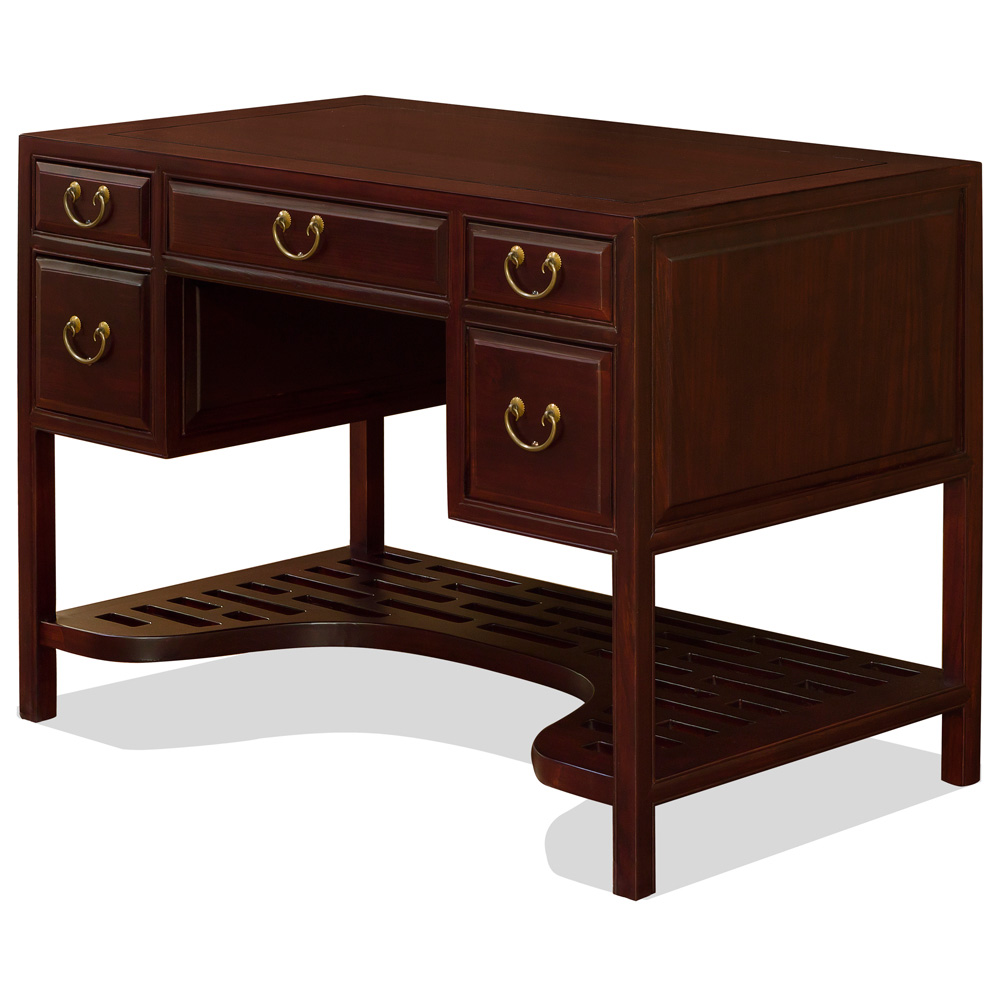 Dark Cherry Elmwood Chinese Ming Desk with 5 Drawers