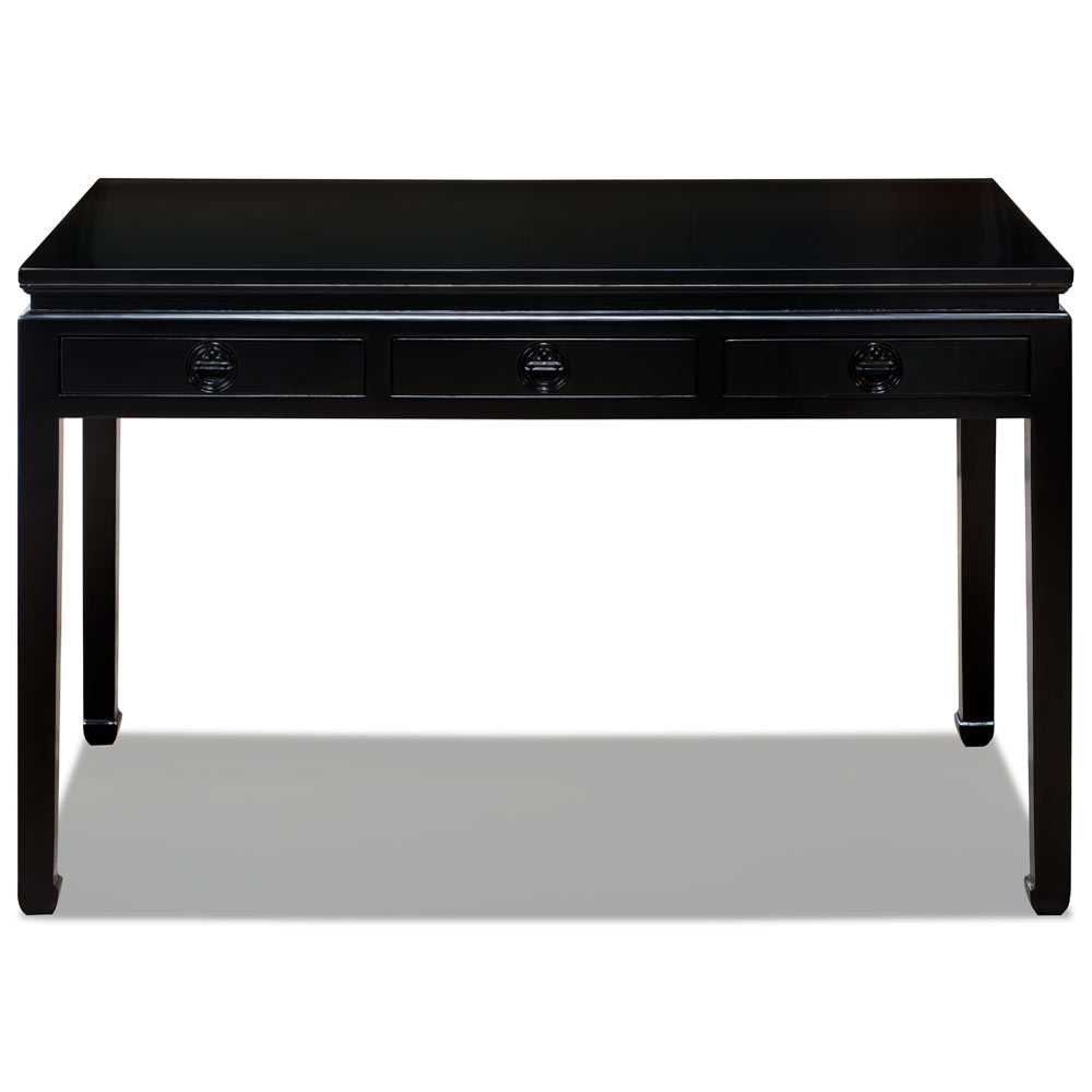 Matte Black Elmwood Chinese Longevity Desk with 3 Drawers