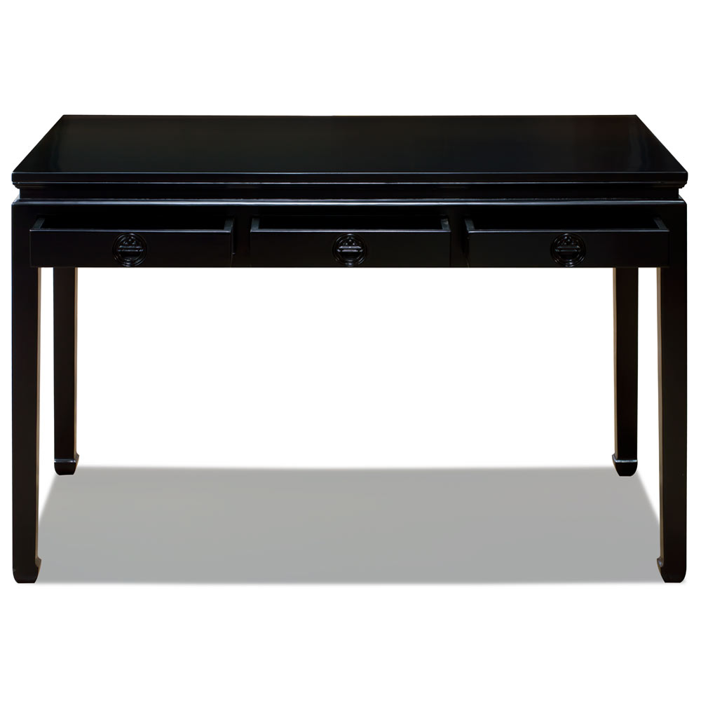 Matte Black Elmwood Chinese Longevity Desk with 3 Drawers