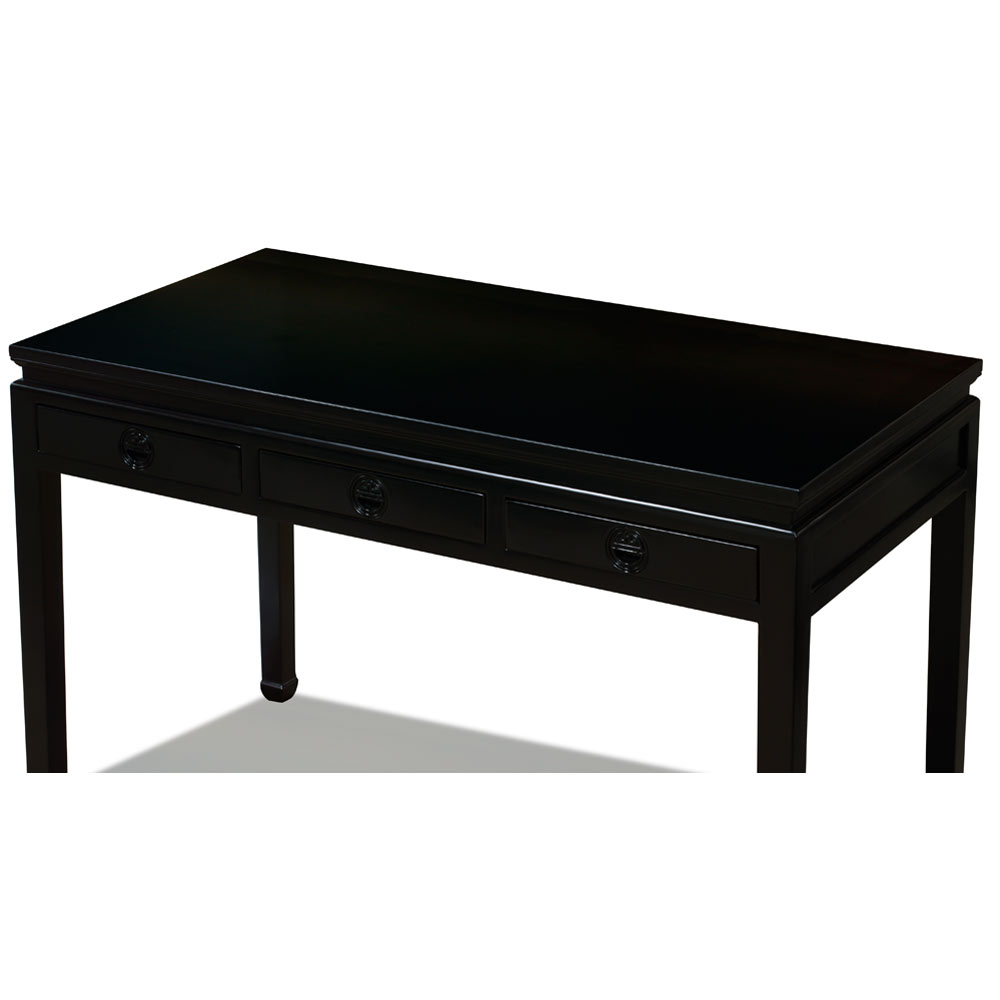 Matte Black Elmwood Chinese Longevity Desk with 3 Drawers