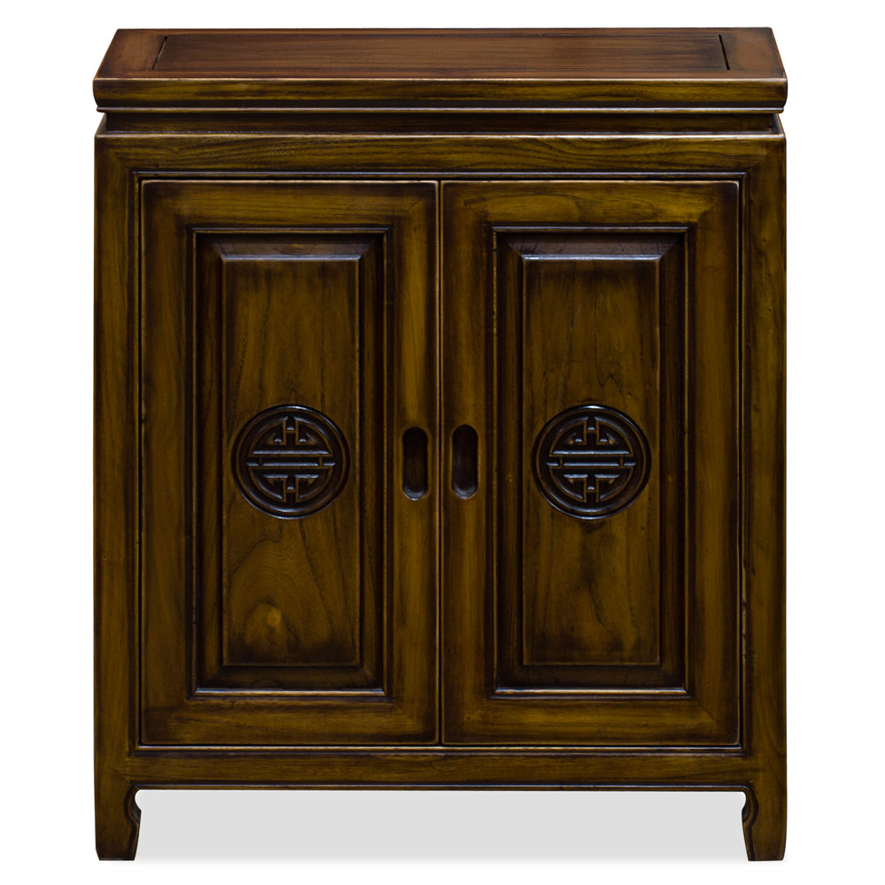 Distressed Mahogany Finish Elmwood Chinese Longevity Cabinet