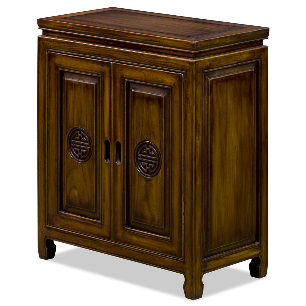 Distressed Mahogany Finish Elmwood Chinese Longevity Cabinet