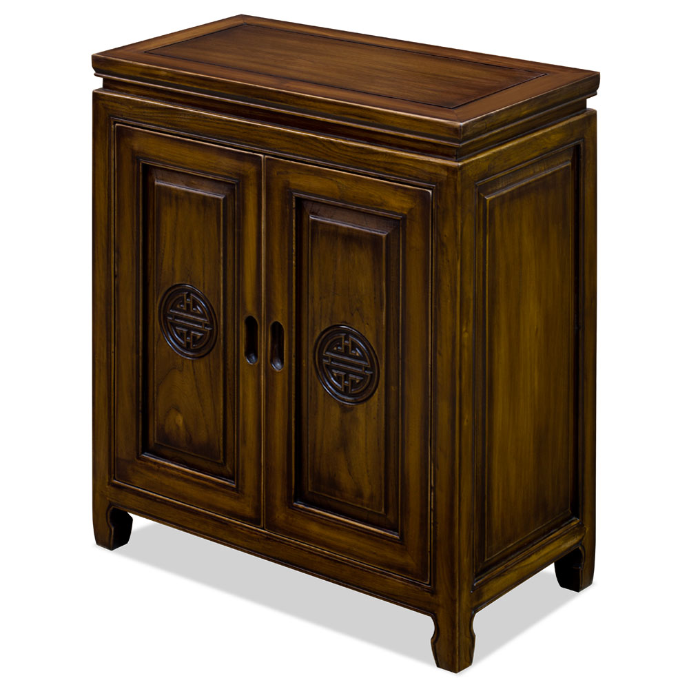 Distressed Mahogany Finish Elmwood Chinese Longevity Cabinet