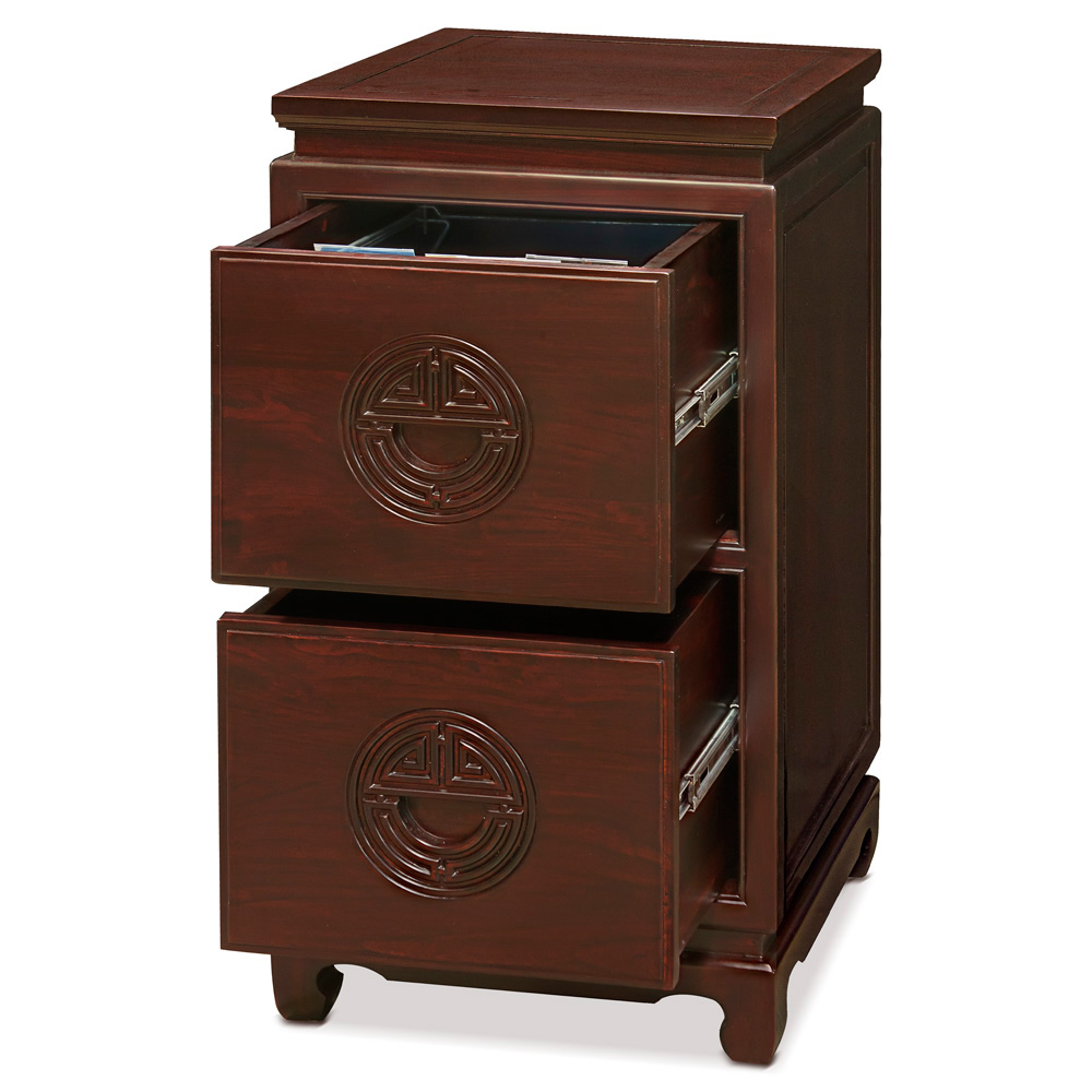 Dark Cherry Elmwood Chinese Longevity File Cabinet with 2 Drawers