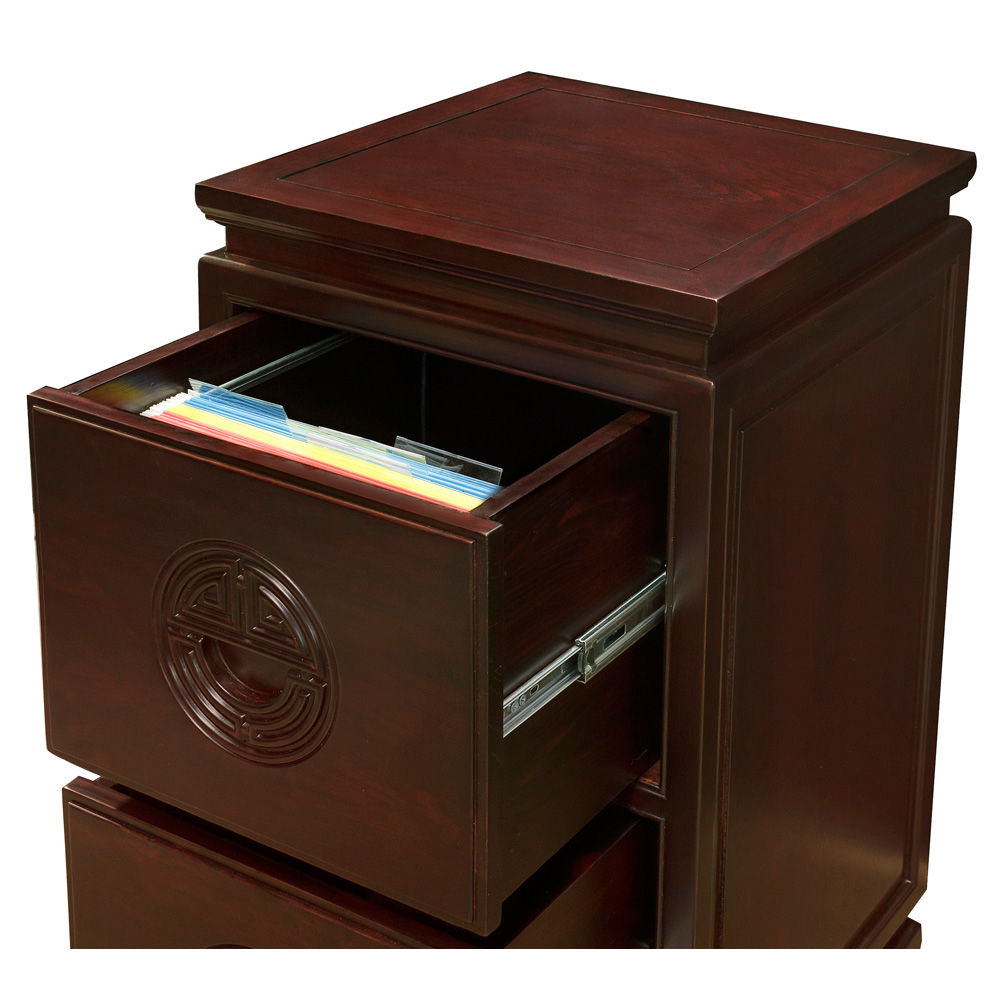 Dark Cherry Elmwood Chinese Longevity File Cabinet with 2 Drawers