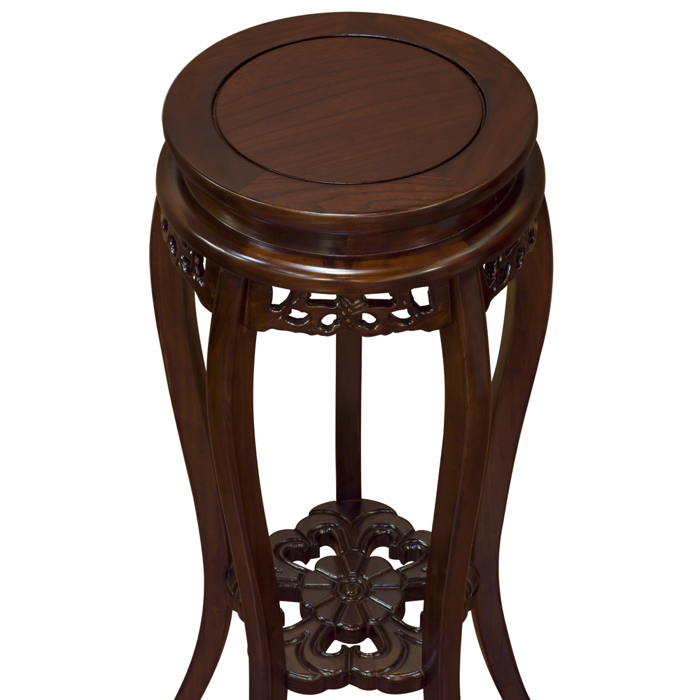 Mahogany Finish Elmwood Flower Motif Oriental Pedestal with Flower Base