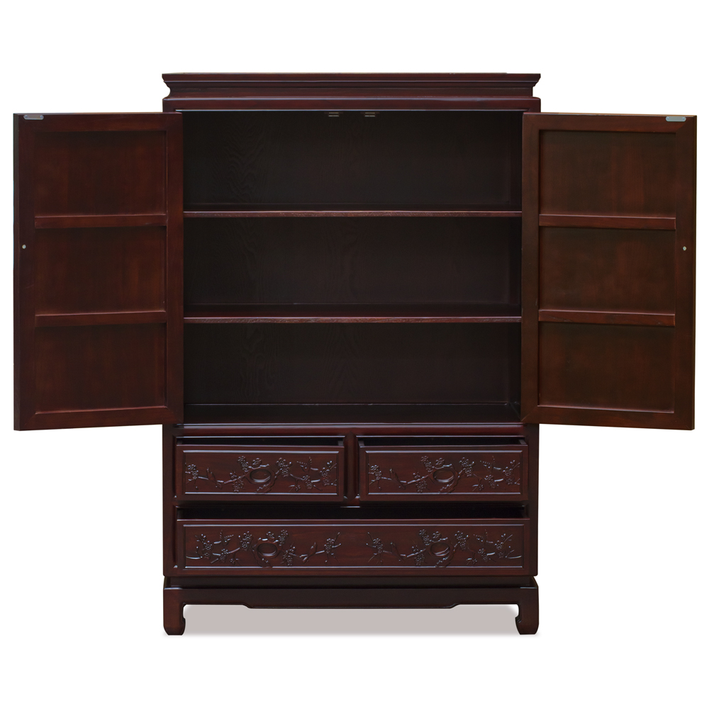 Dark Cherry Elmwood Bird and Flower Motif Oriental Armoire