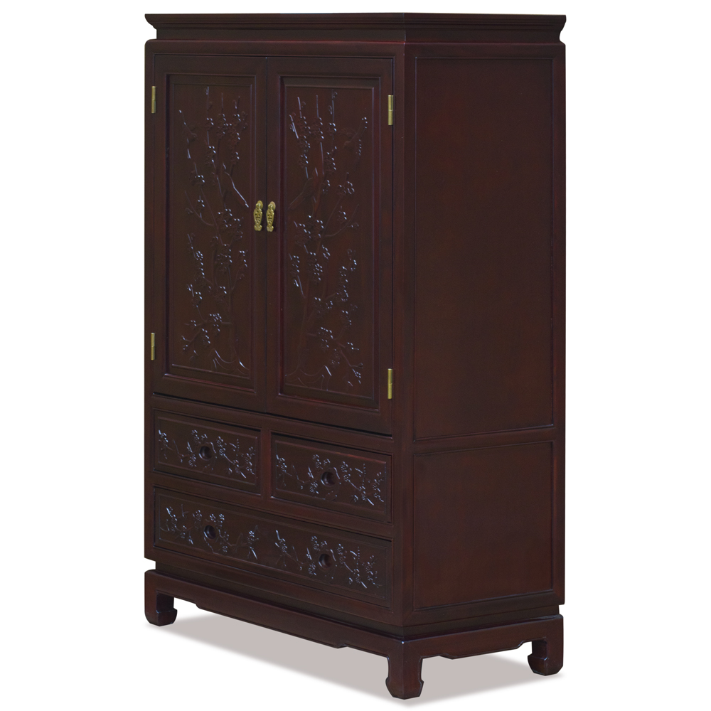 Dark Cherry Elmwood Bird and Flower Motif Oriental Armoire