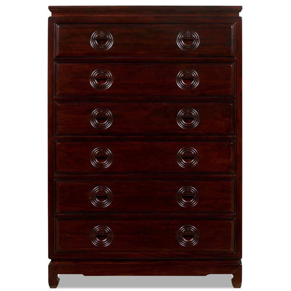 Dark Cherry Elmwood Chinese Longevity High Chest of Drawers