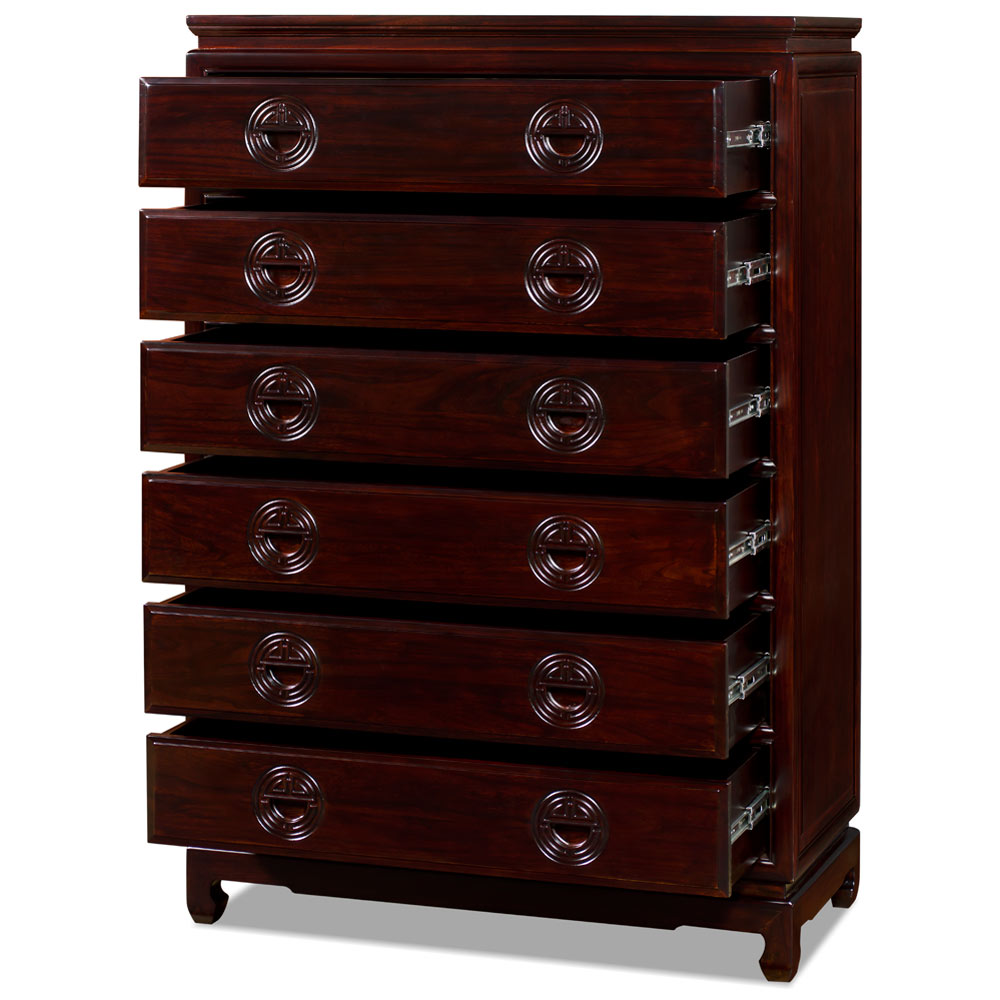 Dark Cherry Elmwood Chinese Longevity High Chest of Drawers