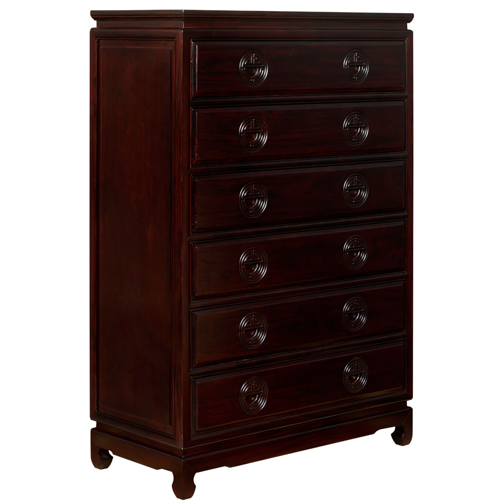 Dark Cherry Elmwood Chinese Longevity High Chest of Drawers