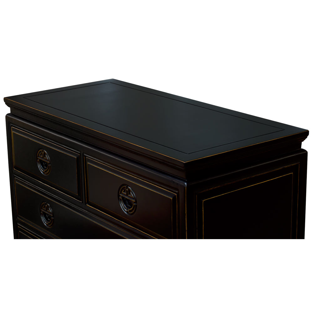 Distressed Black Elmwood Chinese Longevity High Chest of Drawers