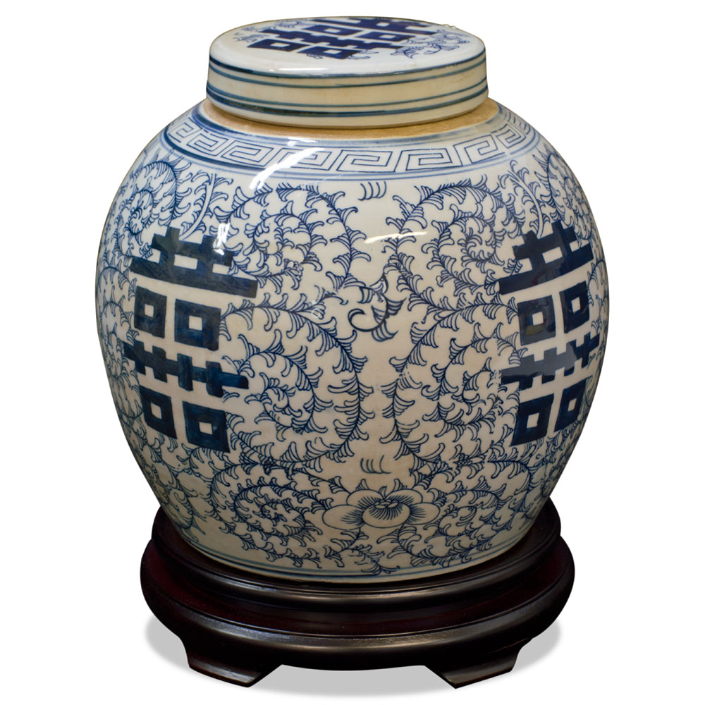 Blue and White Porcelain Chinese Double Happiness Jar