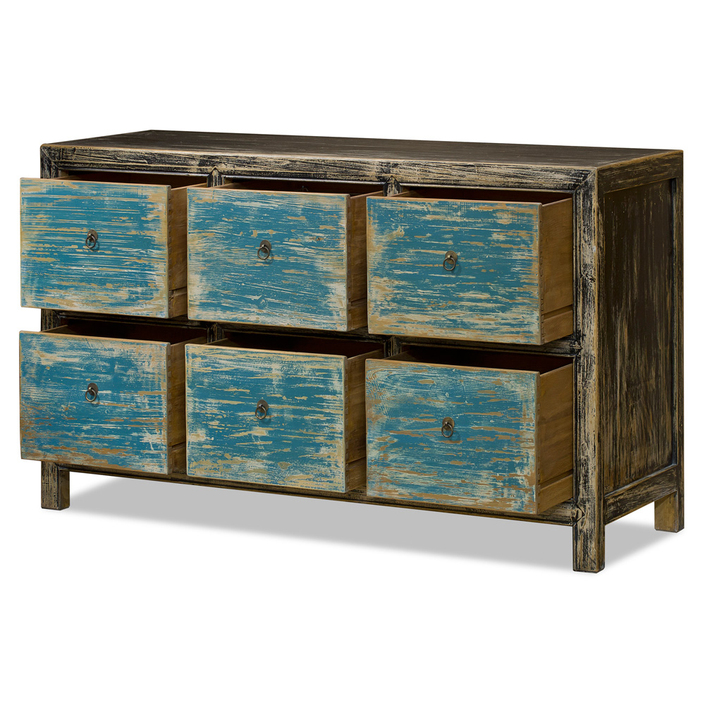 Distressed Oriental Elmwood Ming File Cabinet with Powder Blue Drawers