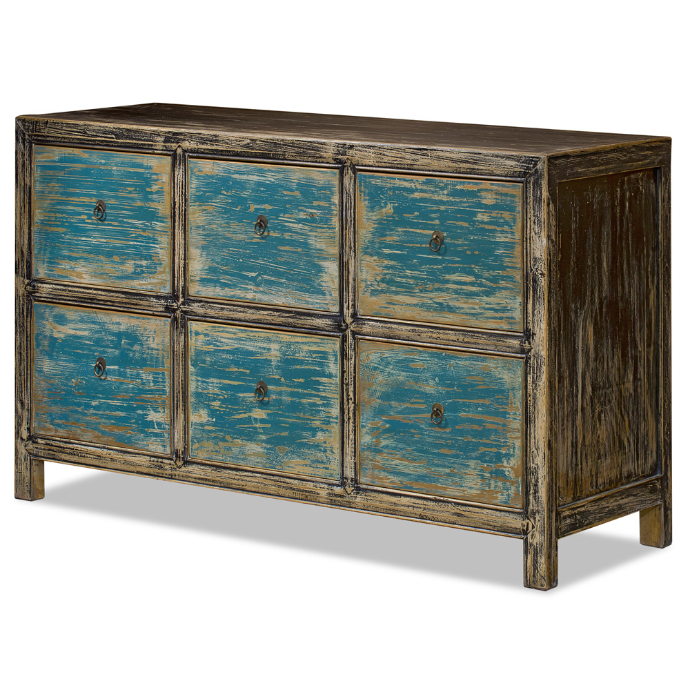 Distressed Oriental Elmwood Ming File Cabinet with Powder Blue Drawers