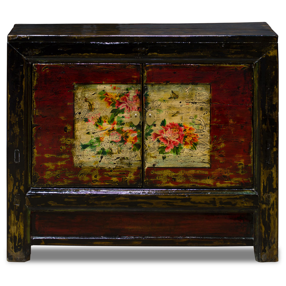 Elmwood Red Peony Motif Mongolian Cabinet