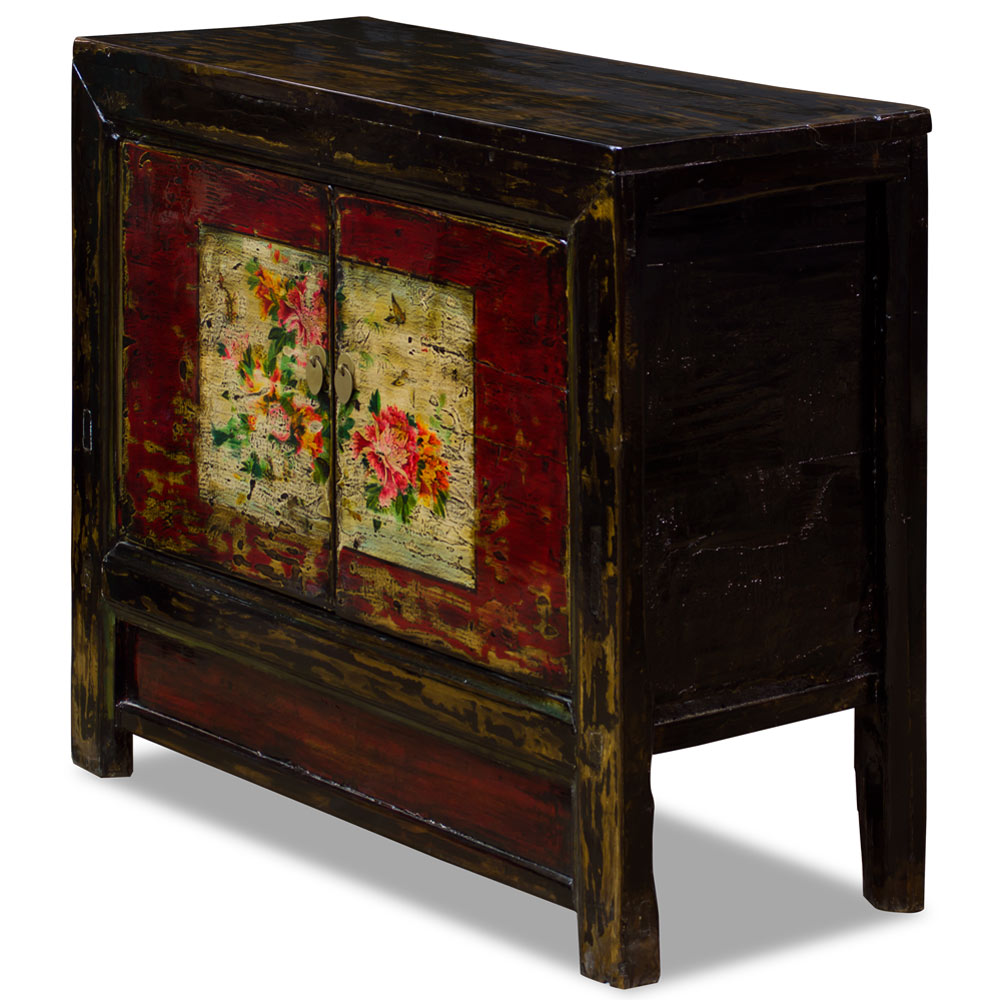 Elmwood Red Peony Motif Mongolian Cabinet