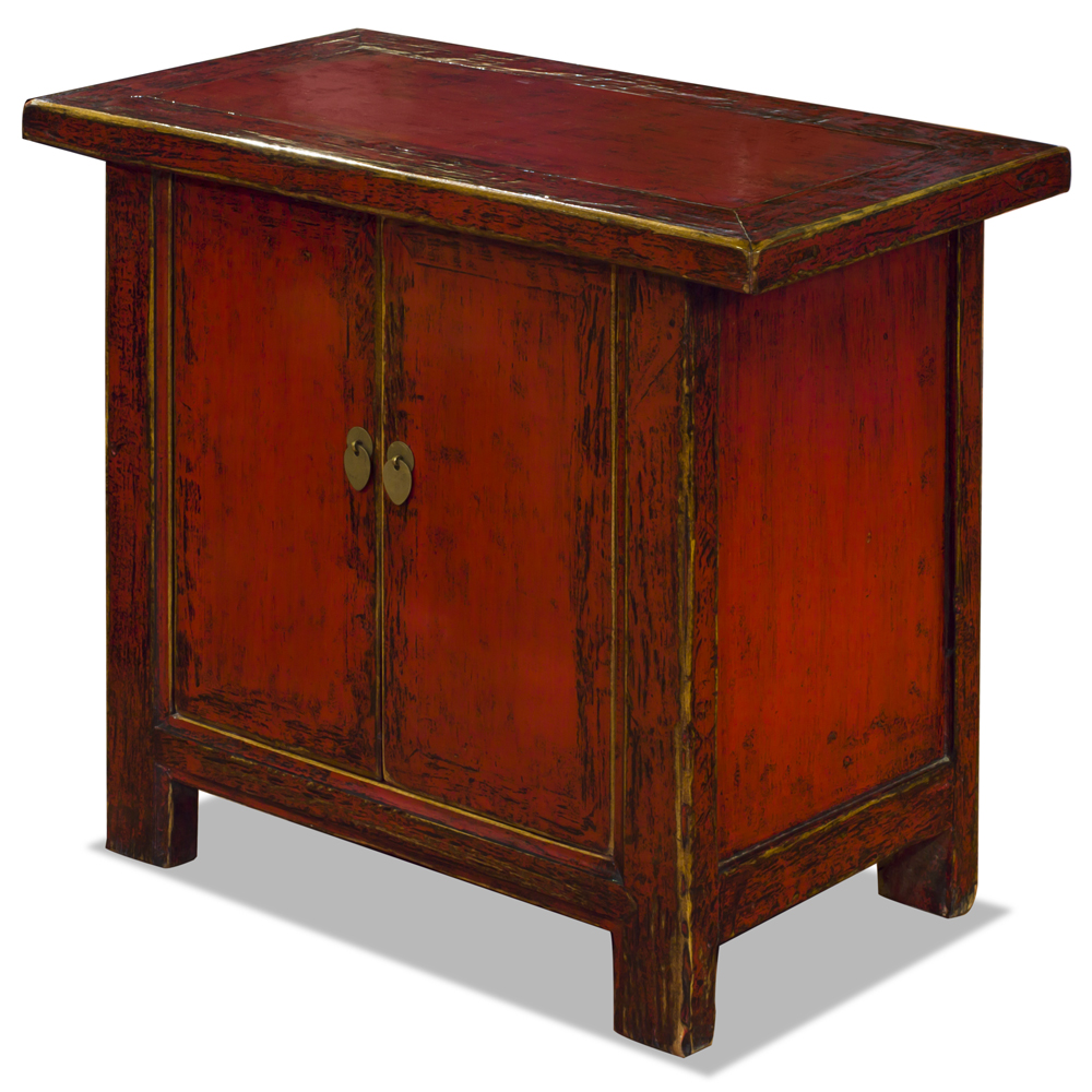 Distressed Red Elmwood Chinese Mandarin Cabinet