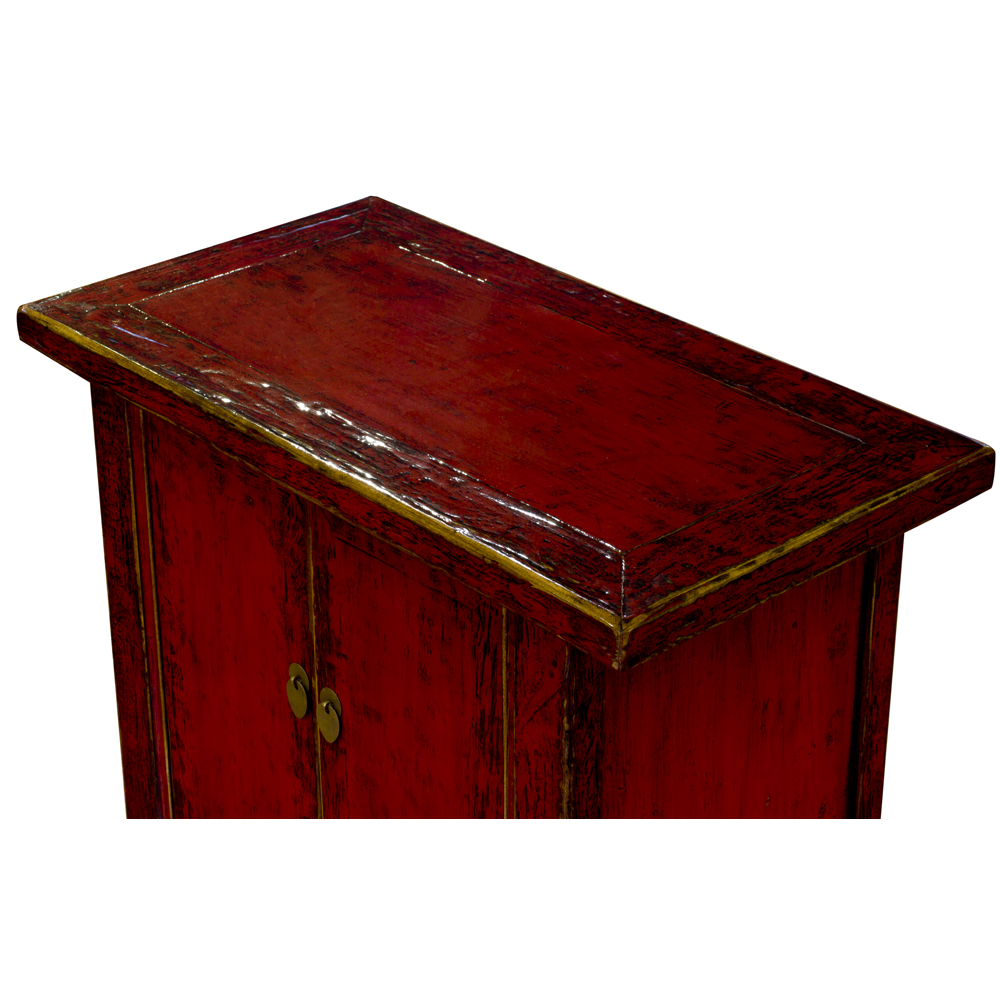 Distressed Red Elmwood Chinese Mandarin Cabinet