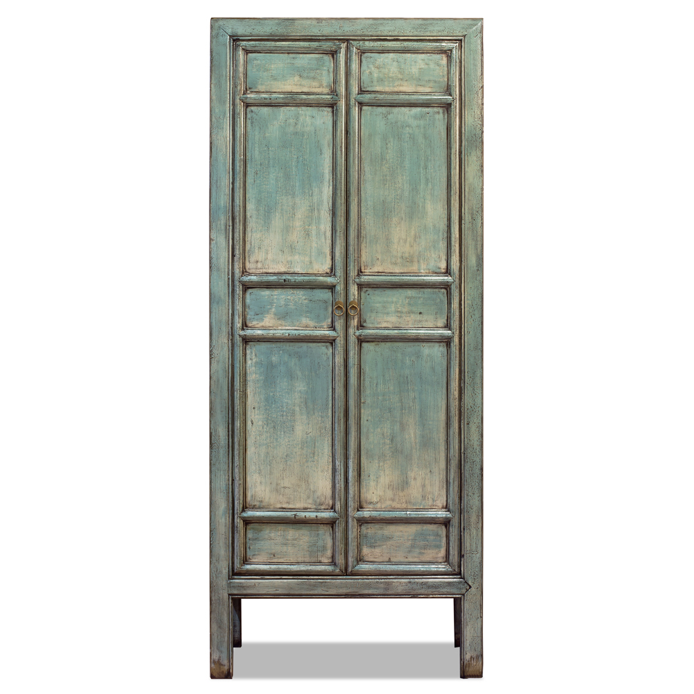 Distressed Light Blue Elmwood Chinese Mandarin Armoire