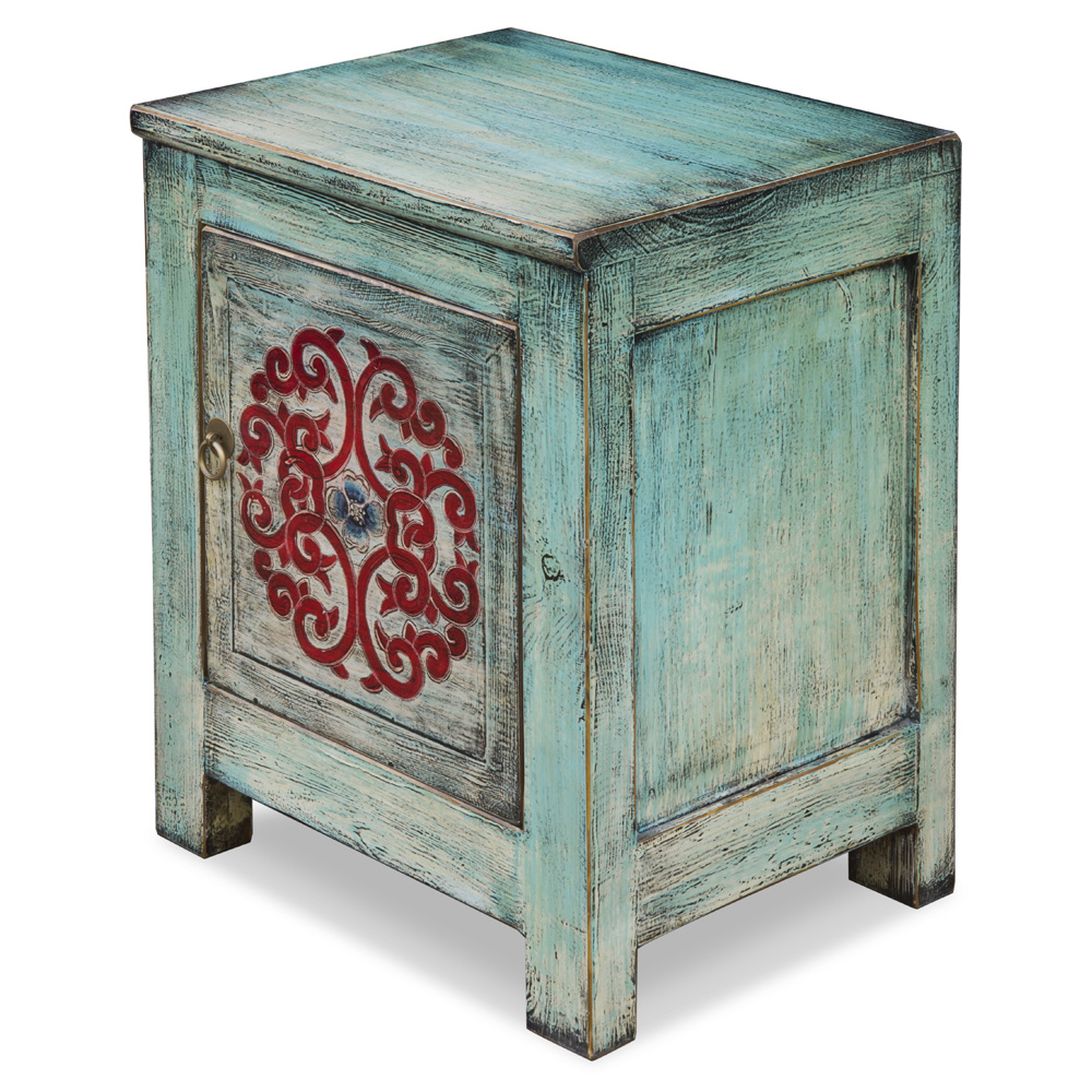 Distressed Light Turquoise Blue Elmwood Tibetan Cabinet